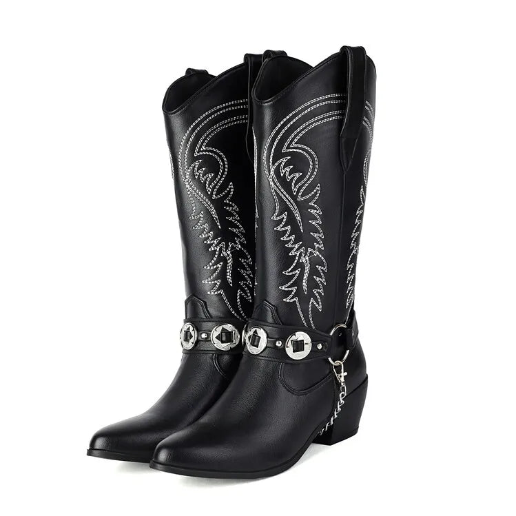 Women's Tapered Circular Metal Chain Chelsea Bohemian Pointed Leather Knee High Boots