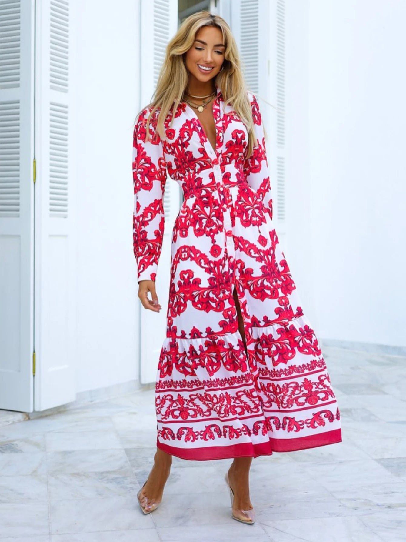 Women's Boho s Long Sleeve V- neck High Waist A-line Long Single Breasted Button Maxi Dress