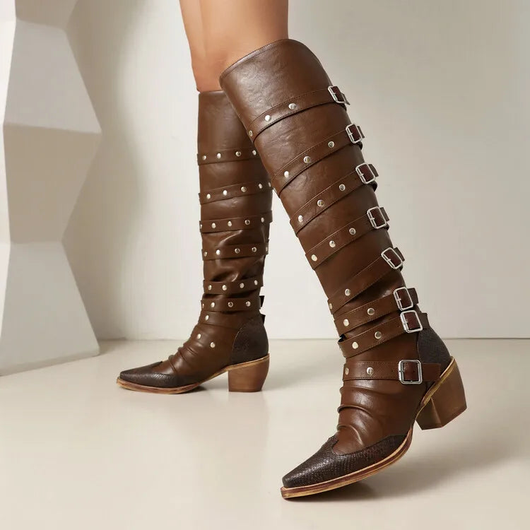 Women's 6cm Square Heel Knee High Boots Belt Buckle Rivet Pointed Leather Long Boots