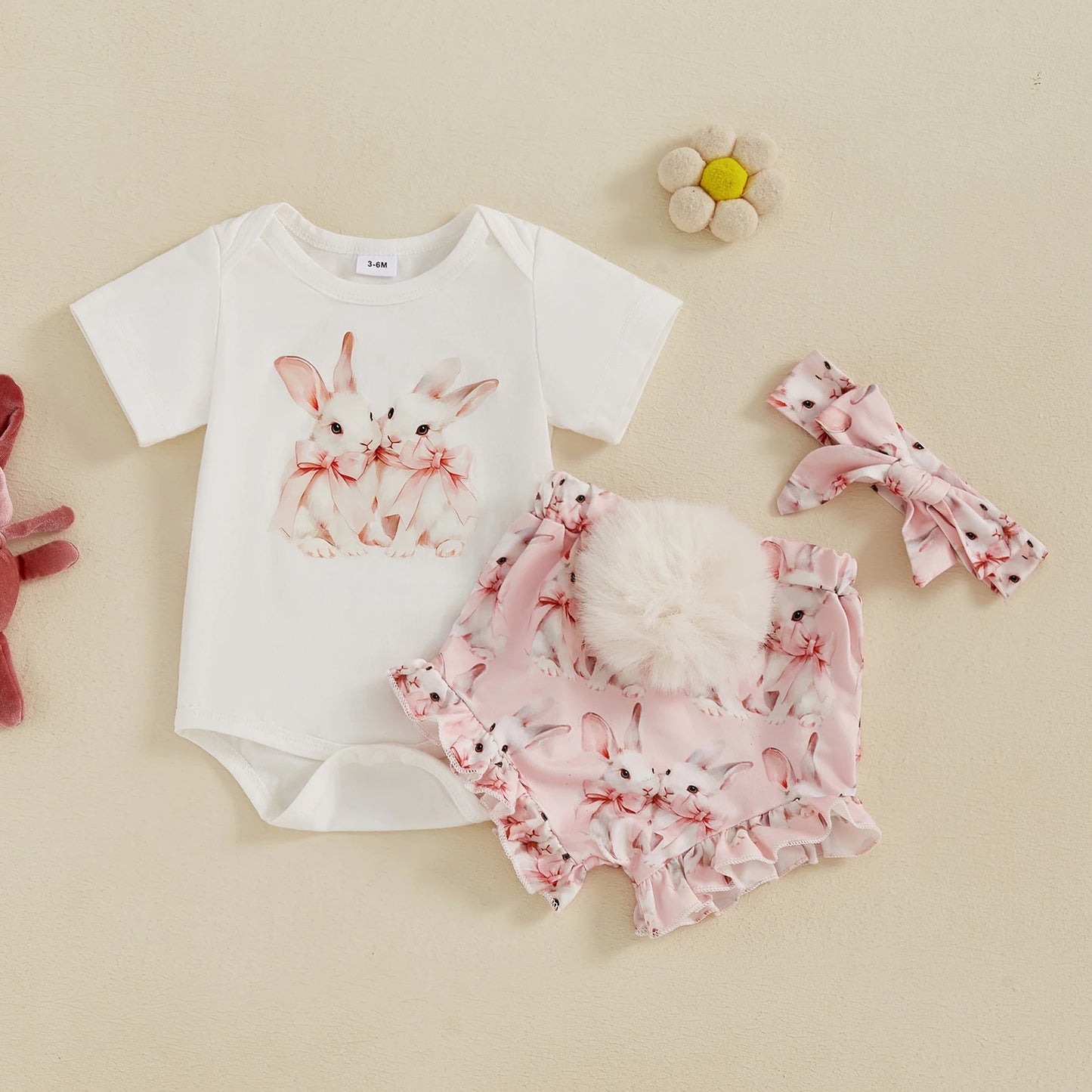 3pcs Baby Girls Easter Clothes Sets 0-18M Rabbit Print Short Sleeve Romper and Shorts Cute Headband