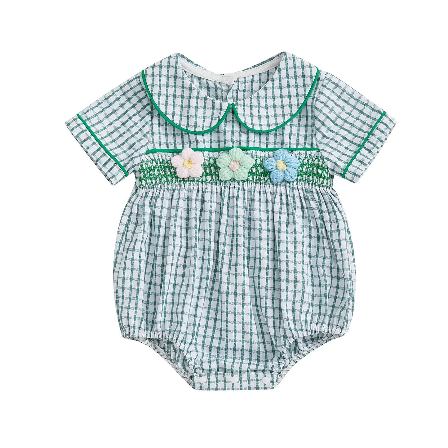 Baby Girls Summer Plaid Romper - Doll Collar Short Sleeve with Flower Embroidery (0-18M)