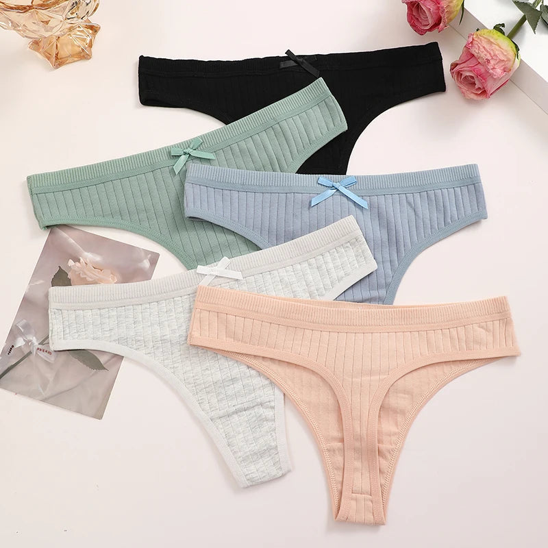 Women's Cotton Bow Tie Underwear 5-Pack - Ribbed Striped Low Waist Thongs