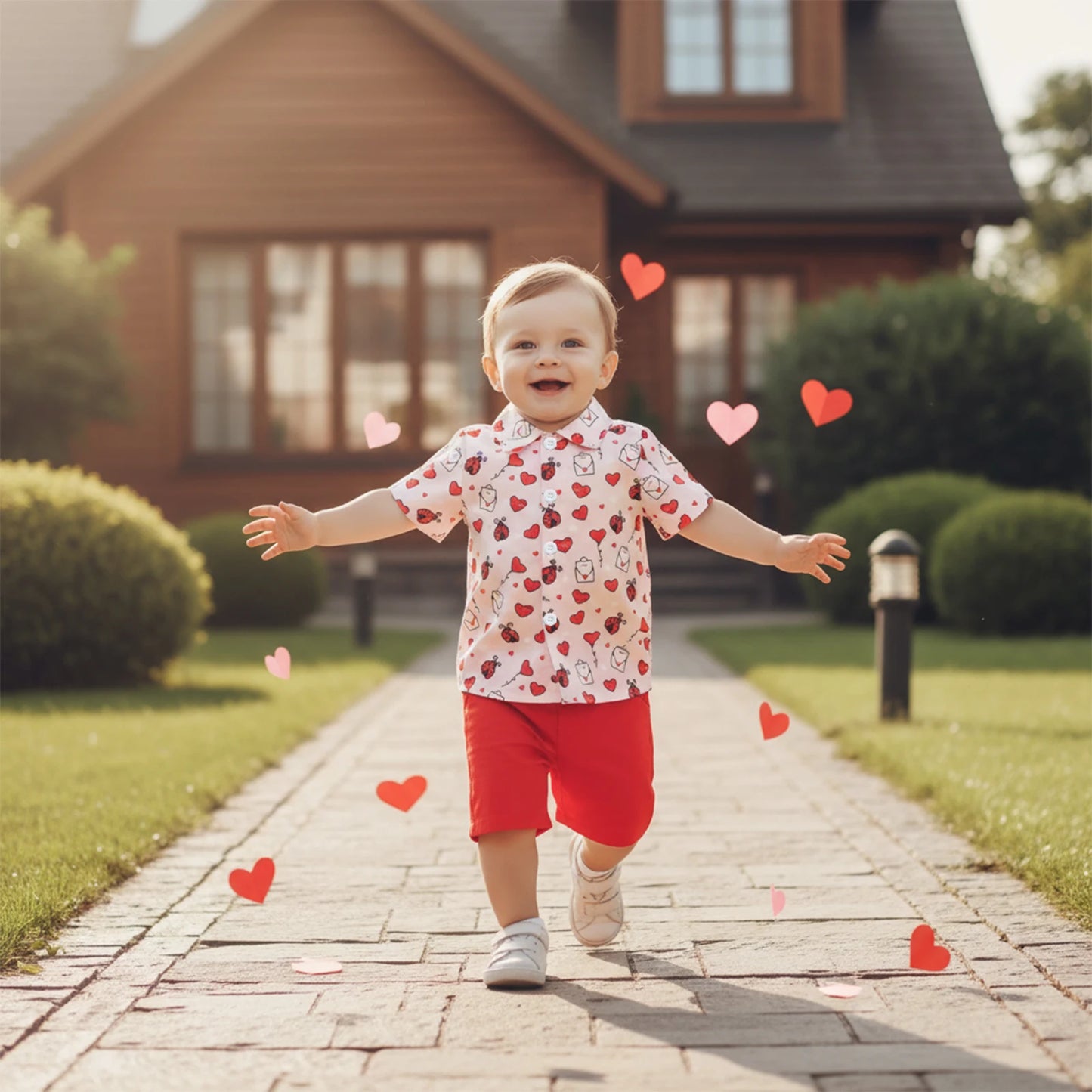 Toddler Boys Valentine's Day Gentleman Outfit Set - Heart Print Shirt & Shorts 1-5Y
