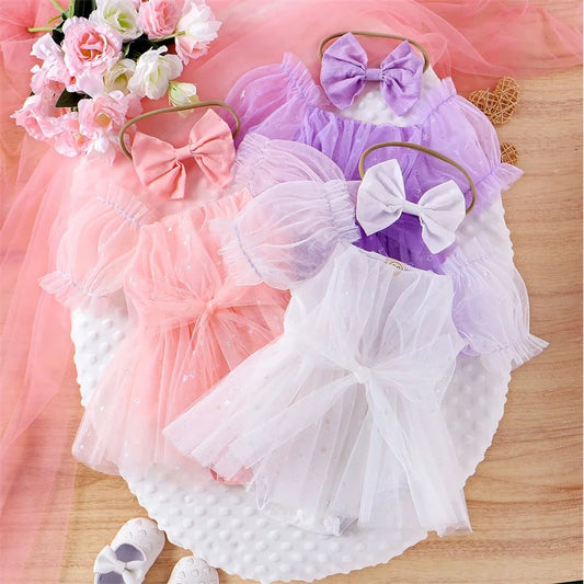 0-24M Princess Baby Girls Summer Romper Dress Short Sleeve Star Print Bowknot Tulle Patchwork Jumpsuits with Headband