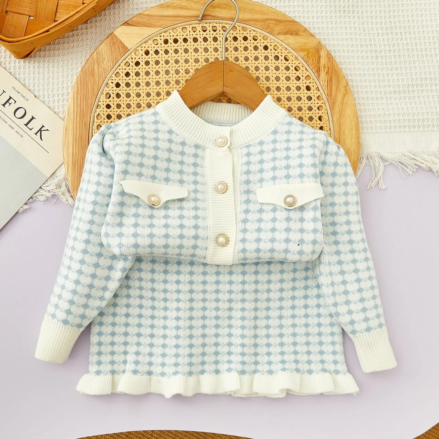 Girls Winter Knitted Cardigan & Skirt Set – Checkered Plaid