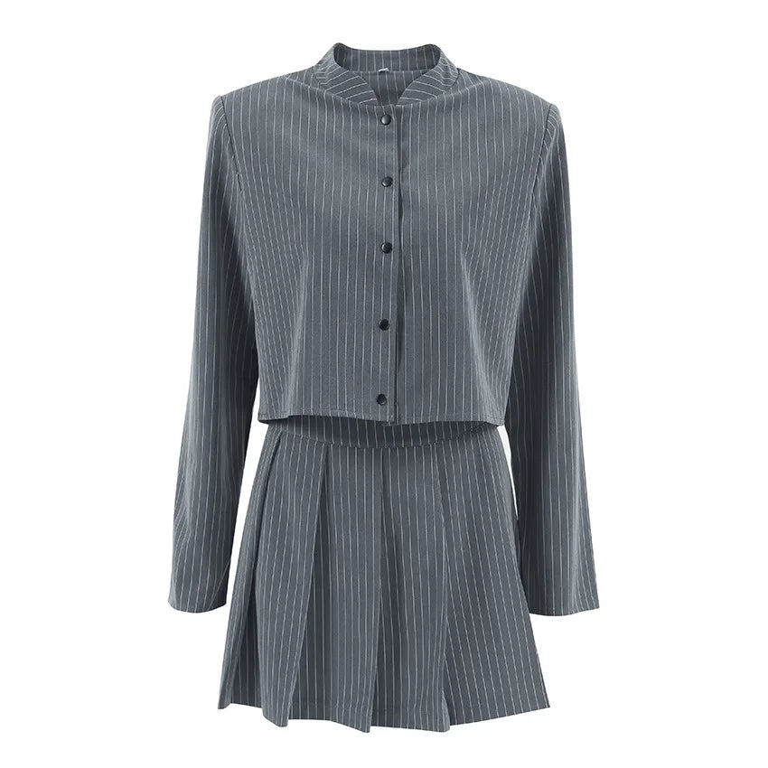 Women's Striped Long Sleeved High Waisted Skirt 2-Piece Suit