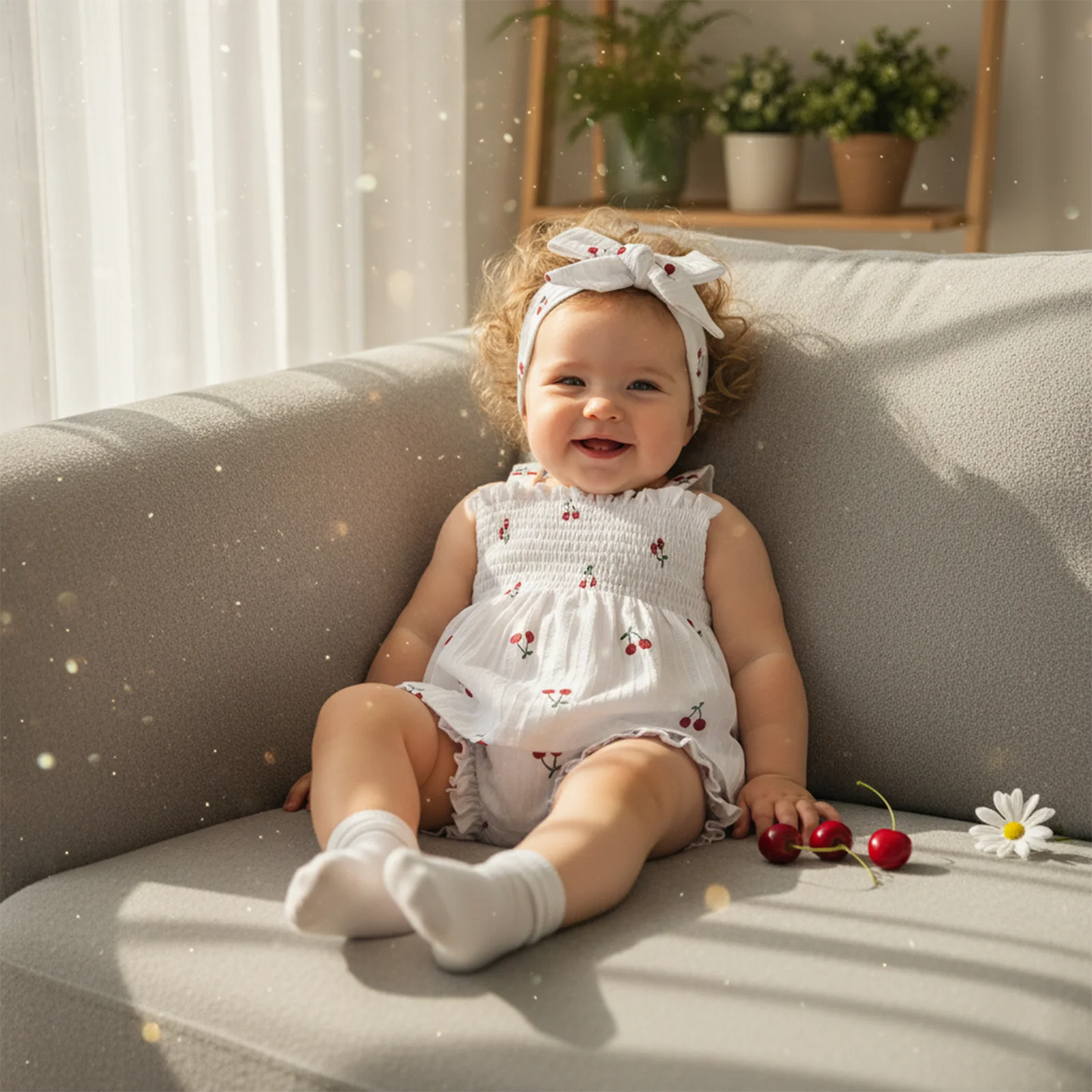Baby Girls Summer Outfit Set - Cherry Print Square Collar Top with Ruffled Shorts & Headband 0-24M