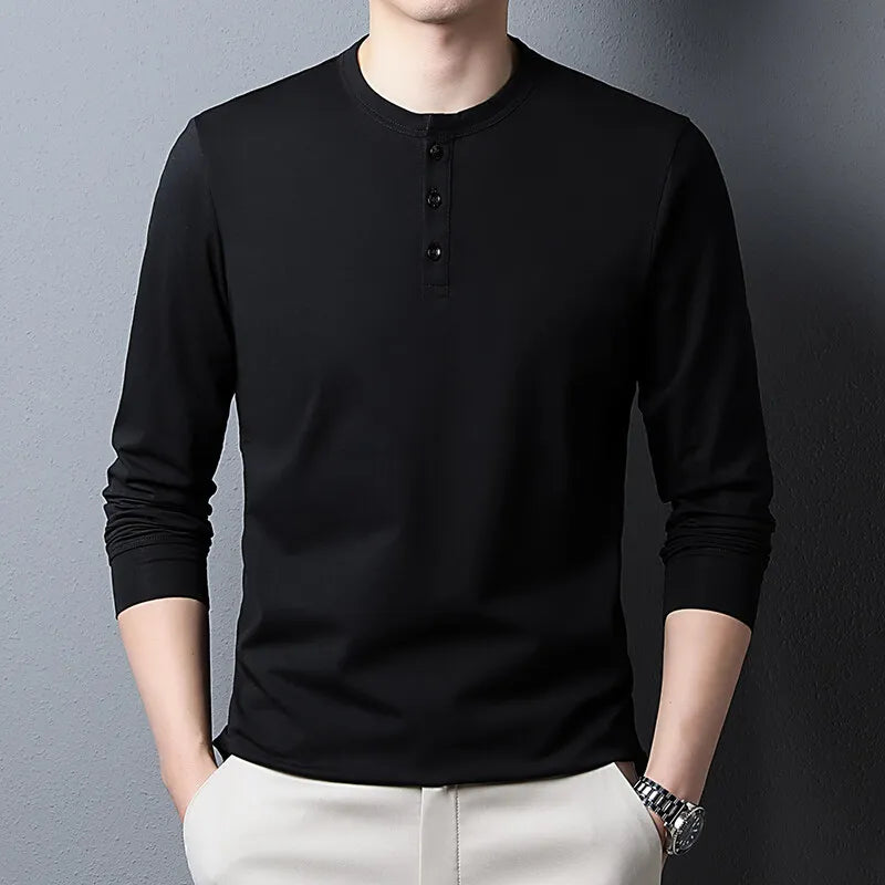 Men's Cotton Henry Collar T-Shirt - Smart Casual Slim Fit Breathable Tee