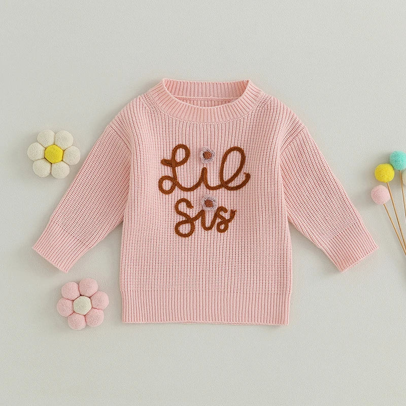Toddler Girl's Sweater - Letter Embroidery Long Sleeve Crew Neck Pullover