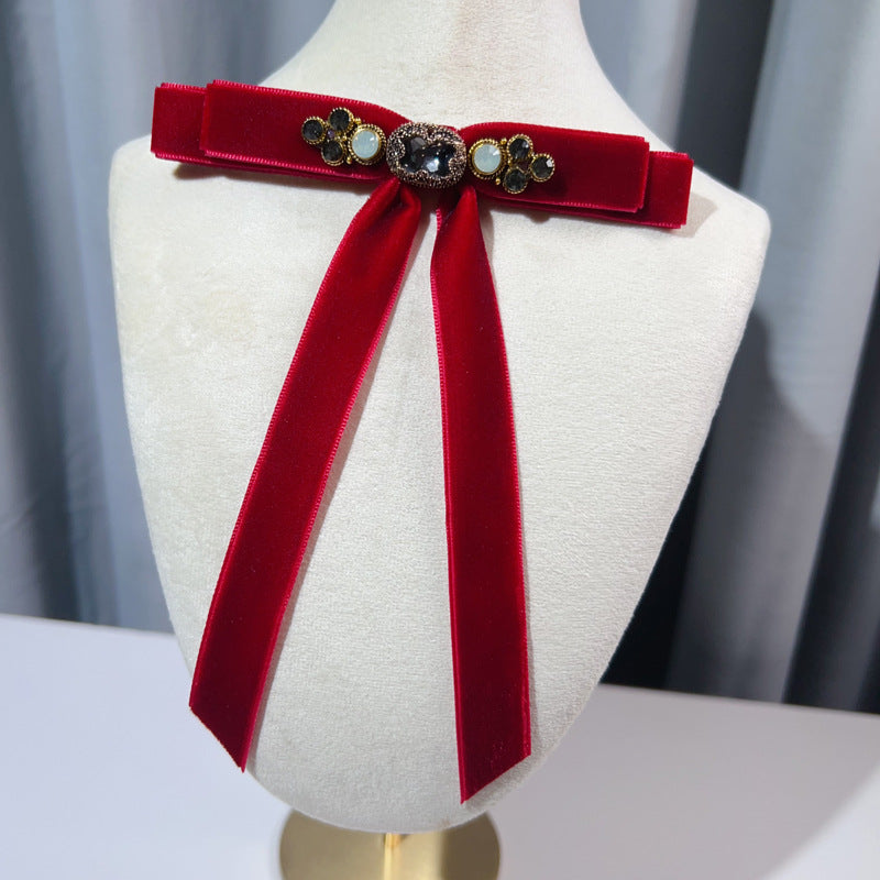 Retro Velvet Bow Brooch - Rhinestone Fabric Lapel Pin