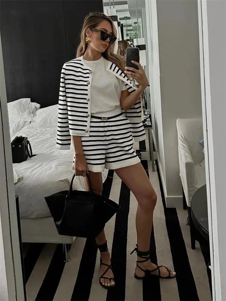 Women's Black and White Striped Shorts Set - Striped Sweater Cardigan and High Waist Set