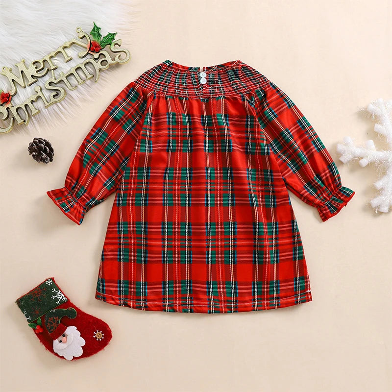 Christmas Santa Embroidery Plaid A-Line Dress - Girls Long Sleeve Festive Dress