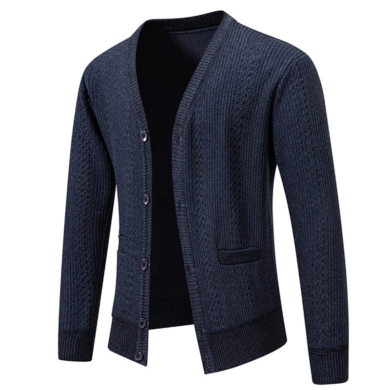 V-Neck Fleece Cardigan - Single Breasted Knitted Jacket