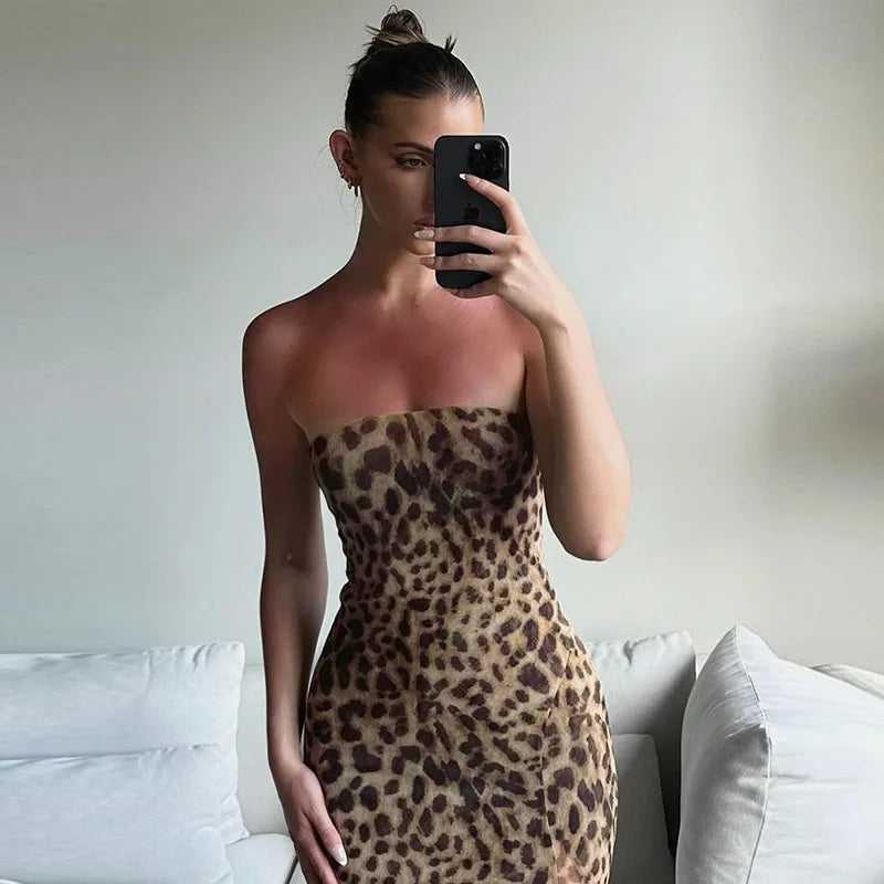 Women's Vintage Leopard Print Straps Long Slip  Backless Dress