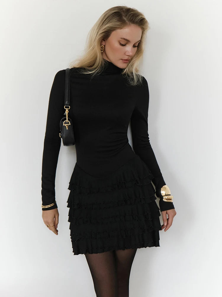 Women's Ruffled Tiered Long Sleeve Mini Patchwork Turtleneck Folds Dress