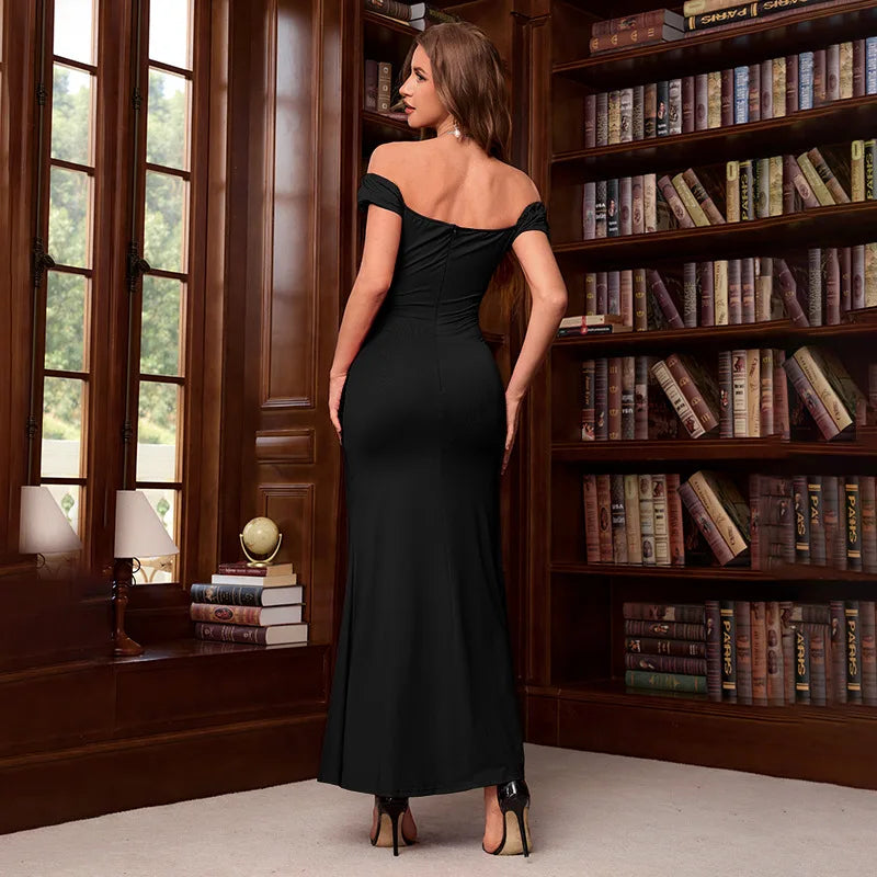 Women's V-neck Fishtail Bodycon Strapless Maxi Gown Party High Waist Ruched Dress