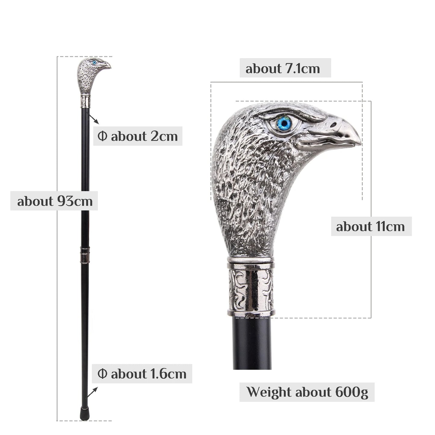 Sliver Eagle Head with Blue Eyes Walking Cane Fashion Decorative Walking Stick Gentleman Elegant Cosplay Cane Knob Crosier 93cm