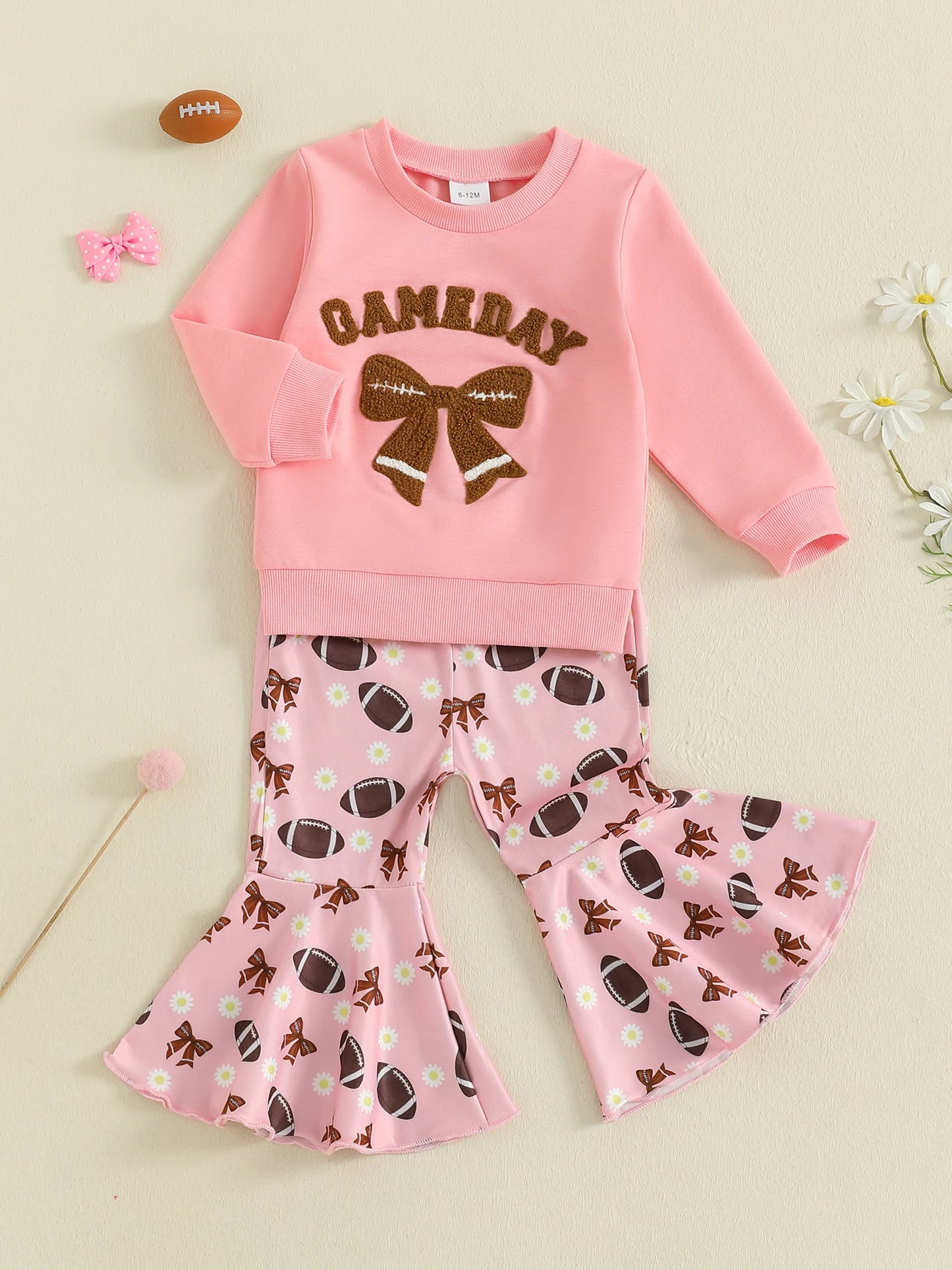 Girls Bow Embroidery Outfit Set - Long Sleeve Letter Pullover Sweatshirt & Football Flare Pants (0-4Y)