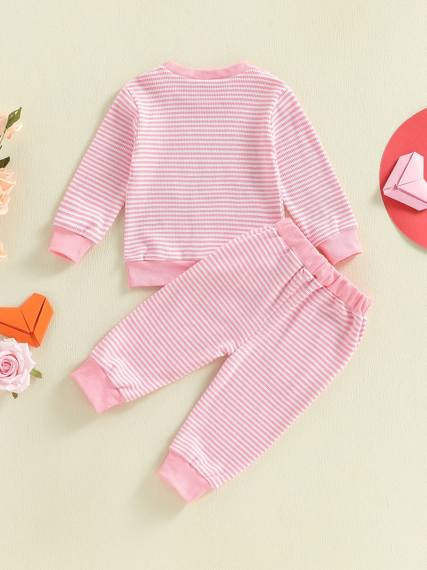 Baby Girls Valentine's Day Striped Heart Embroidery Long Sleeve Pullover and Pants Set
