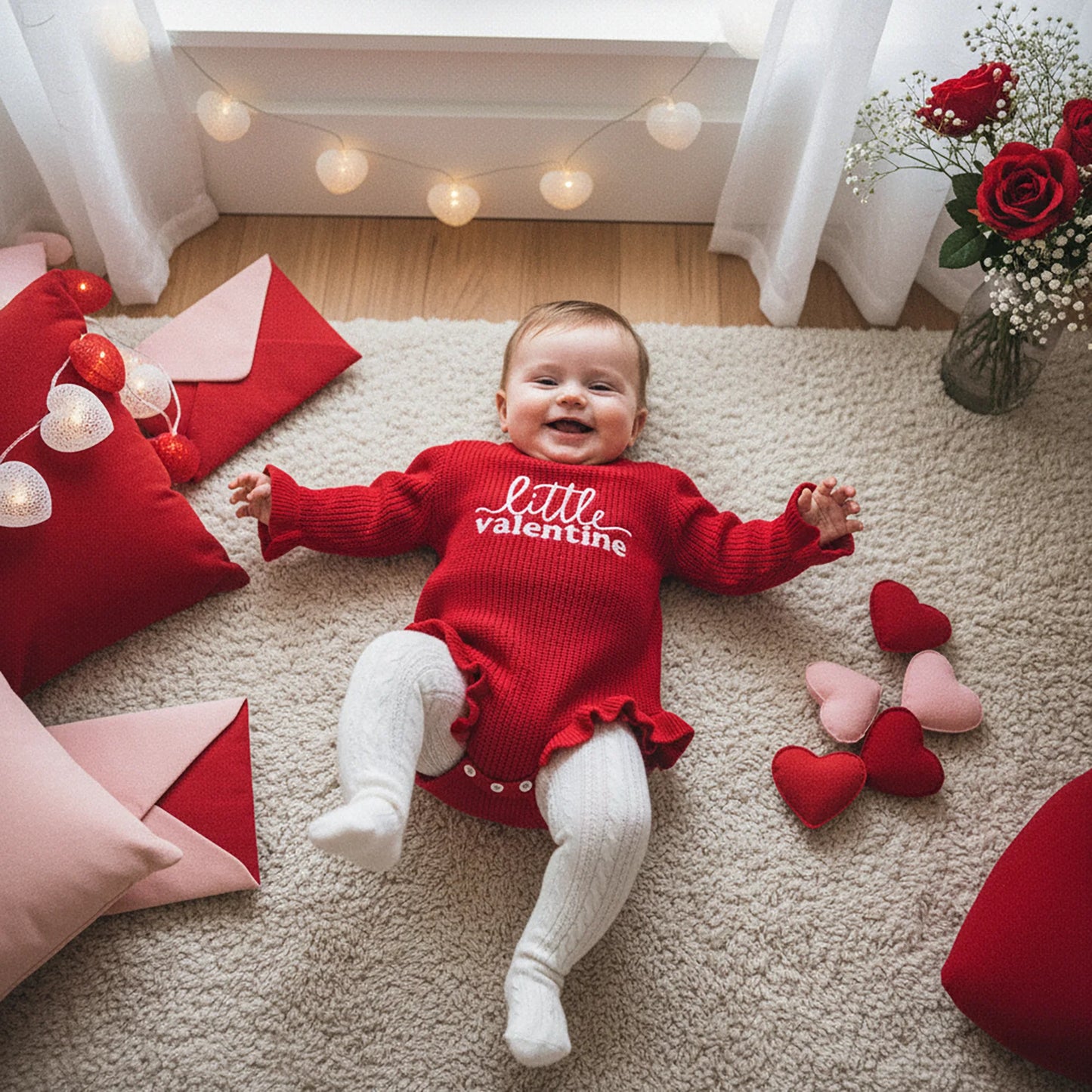 Baby Girls Boys Valentine's Day Sweater Romper - Letter Embroidery Long Sleeve Jumpsuit 0-18M
