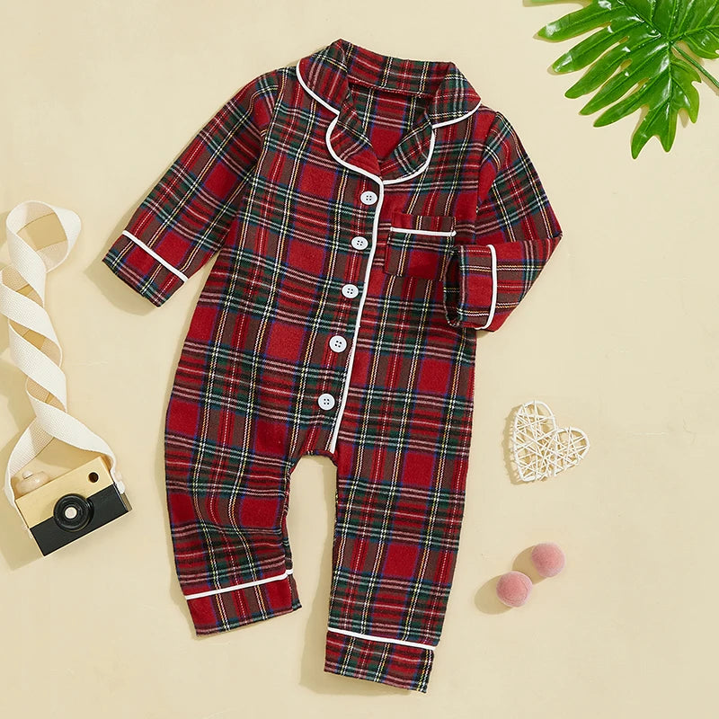 Baby Plaid Pajama Romper - Turn Down Collar Long Sleeve Bodysuit