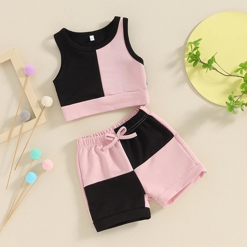 Toddler Baby Girls Summer Sleeveless Contrast Colour Tank Tops Drawstring Shorts Sets 1-5 Years Old