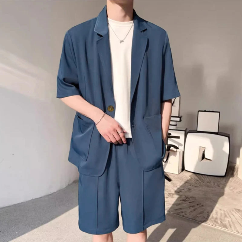 Men's Lapel Short Sleeve Blazer & Shorts Two Pieces Set Suit