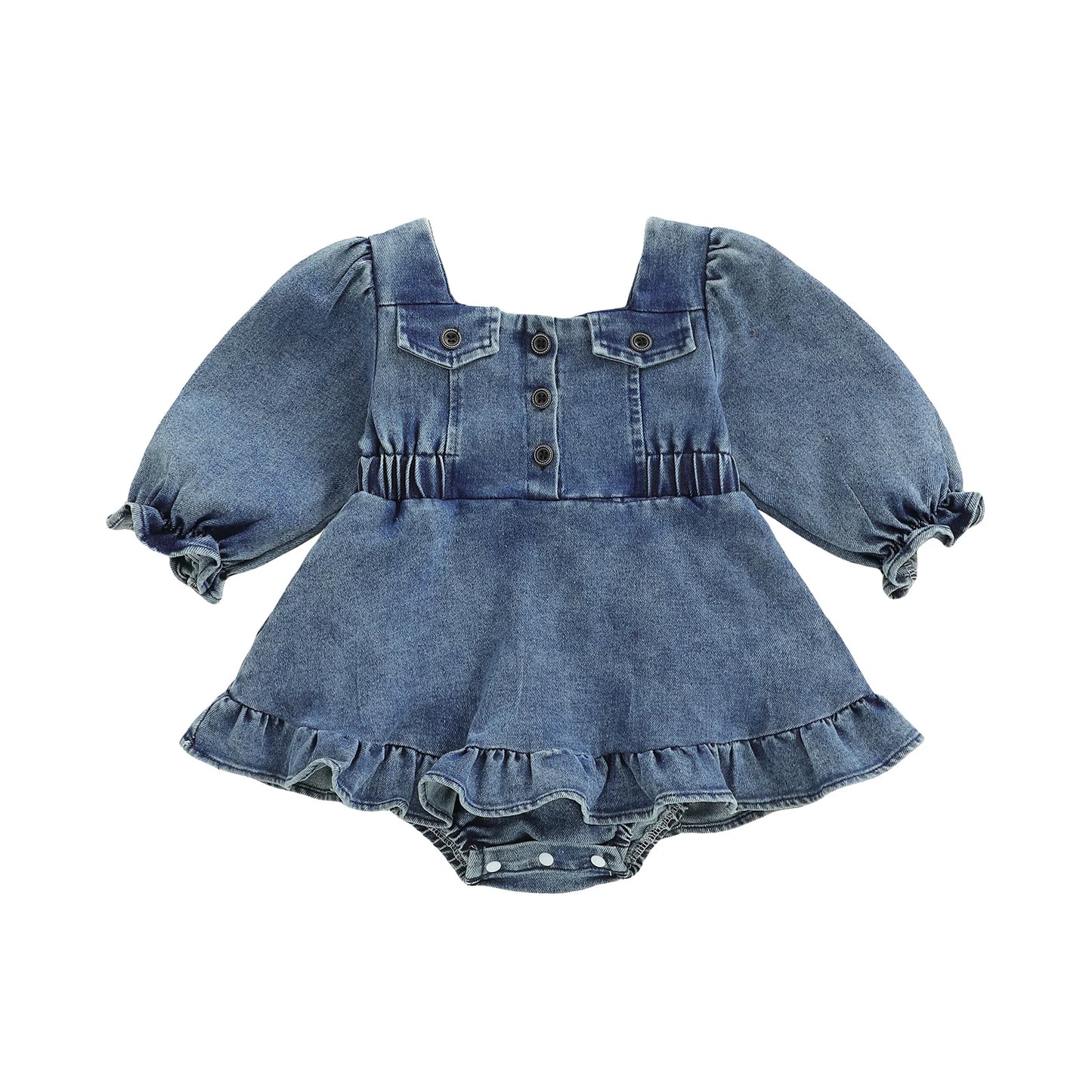 Baby Girls Denim Romper Dress - Square Neck Lantern Long Sleeve Bodysuit (0-24M)