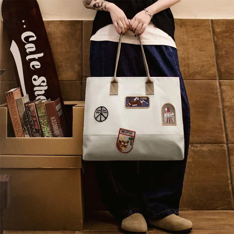 Unisex Style Vintage Embroidered Large-capacity Patchwork Handbag Versatile Single-shoulder Versatile Tote Bag
