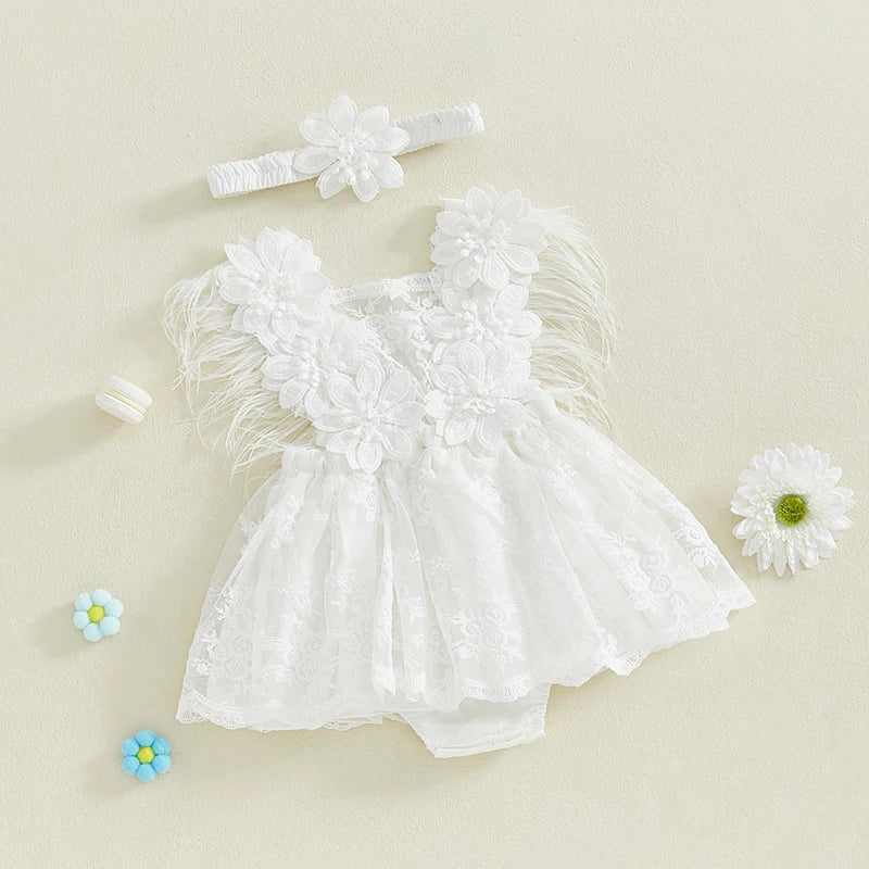 Baby Girls' Floral Embroidery Sleeveless Romper Dress with Headband | 3M–24M