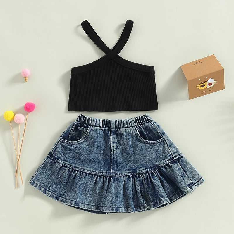 1-5Y Fashion Kids Girl Summer Clothes Sets -  Solid Colour Ribbed Camisole Elastic Denim Skirt Set