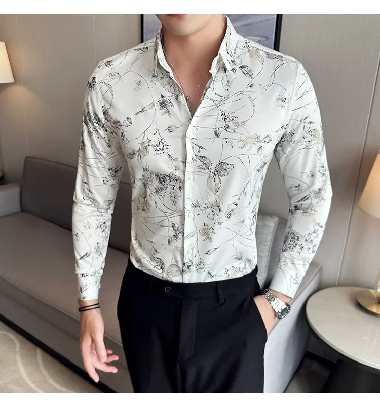 Men's Print Shirt - Slim Fit Long Sleeve Turn Down Collar Shirt