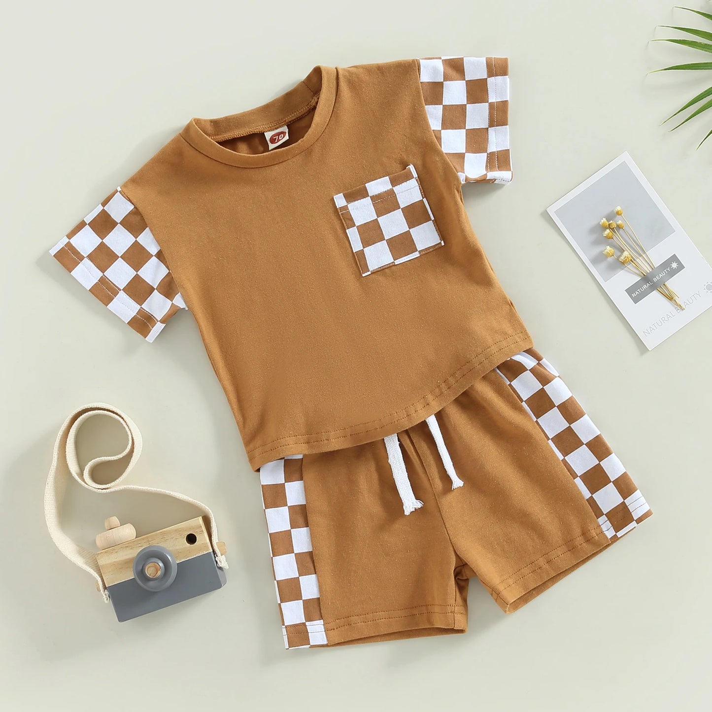 0-3Y Toddler Baby Boy Summer Clothes Sets Plaid Patchwork Short Sleeve Pocket T-Shirt and Elastic Waist Shorts