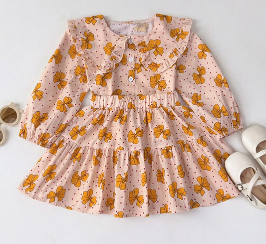 Girl's 2-6 Year Bow Print Long Sleeved Top and Skirt 2-Pcs Set