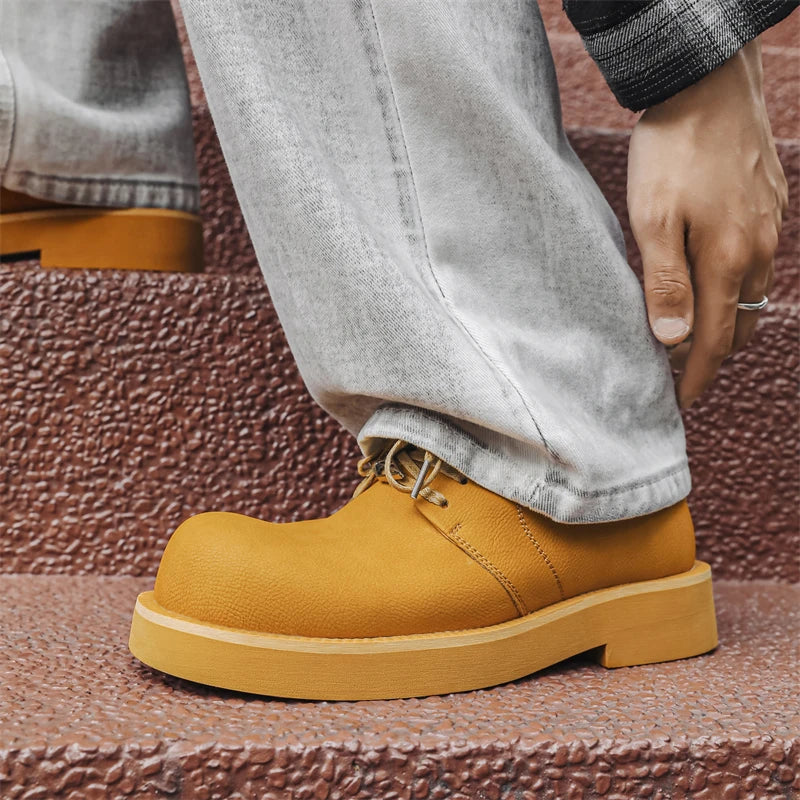 Men's Platform Leather Sneakers - Lace-Up Work Shoes