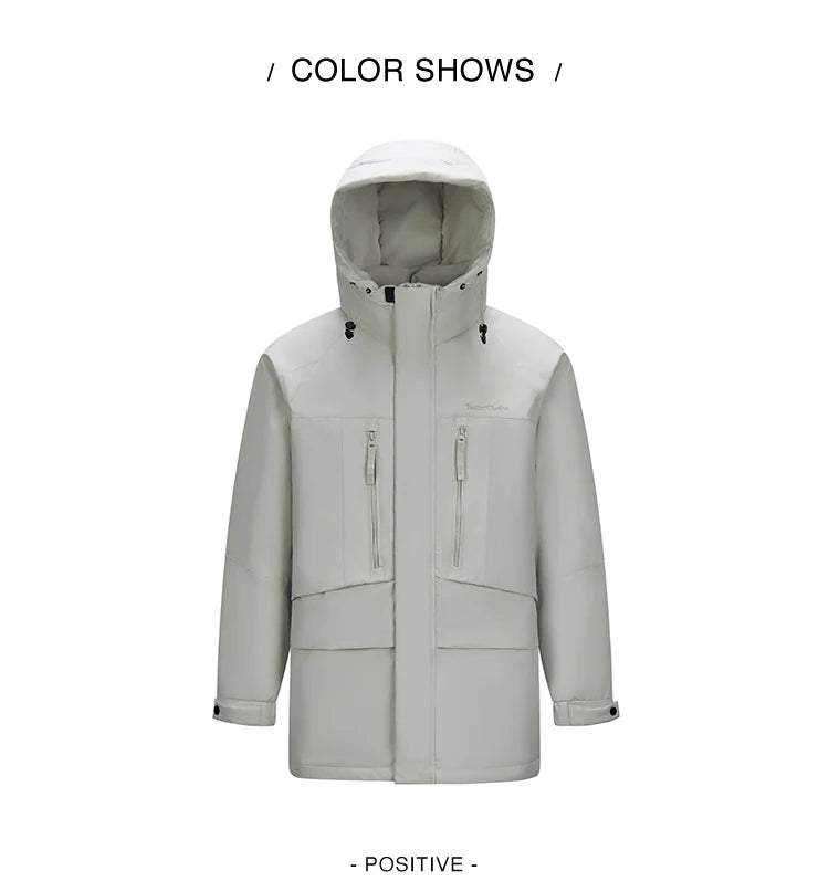 Mid-Length Down Jacket - Men's Color Block Hooded Winter Coat