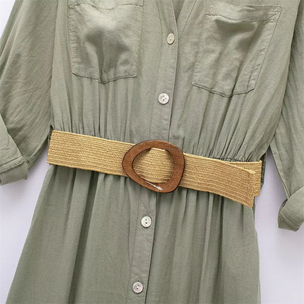 Women's Temperament Yellow Linen Belt Shirt Dress