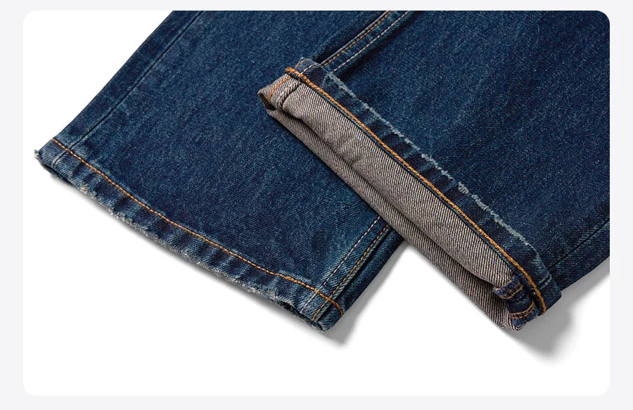 Men's loose Straight 13.5oz Fabric Washed Vintage Denim Jeans