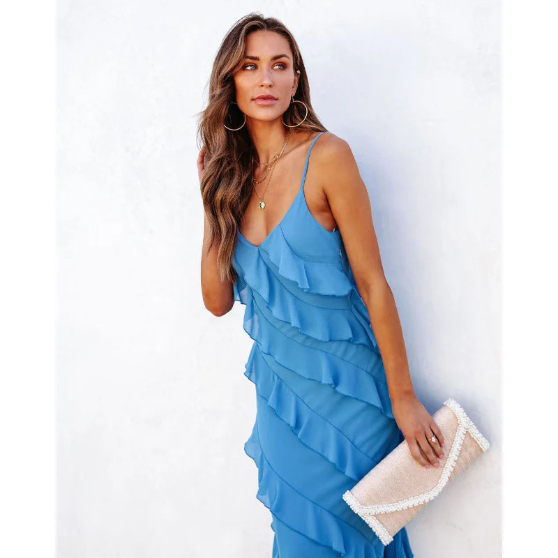 Women's Tiered Maxi Spaghetti Strap Side Split Hollow Out Loose Backless Dress