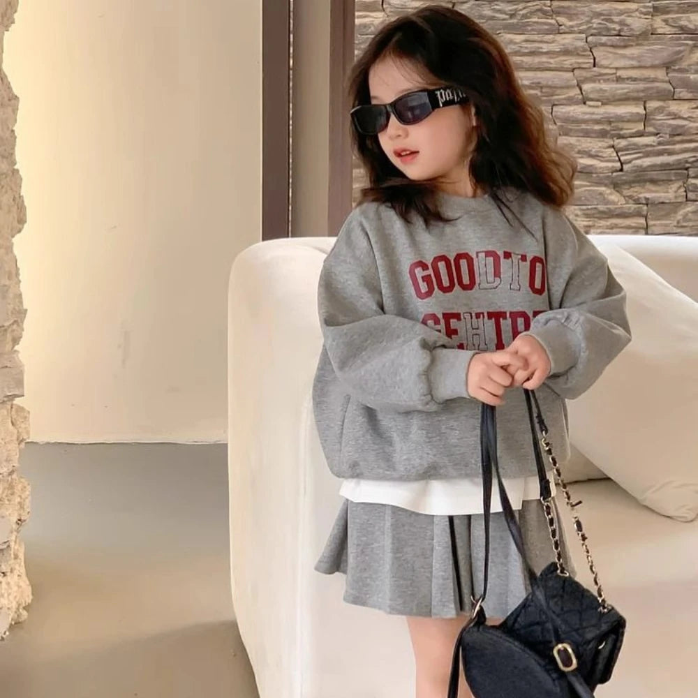 Girl's Printed Letter Hoodie and Pleated Skirt 2PCS Set