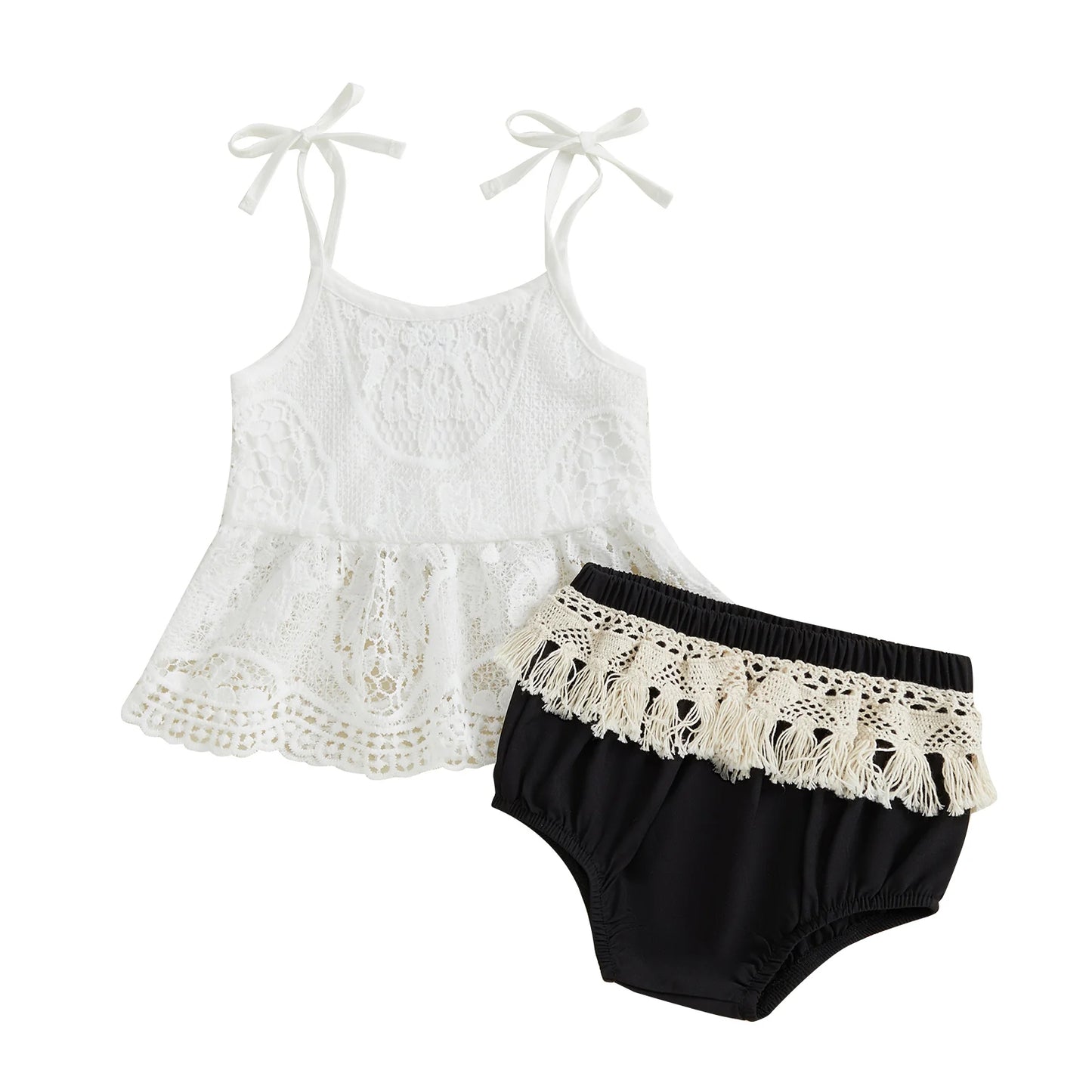 Baby Girls Summer Outfit Set - Floral Lace Tie Strap Camisole & Tassel Shorts (0-18M)