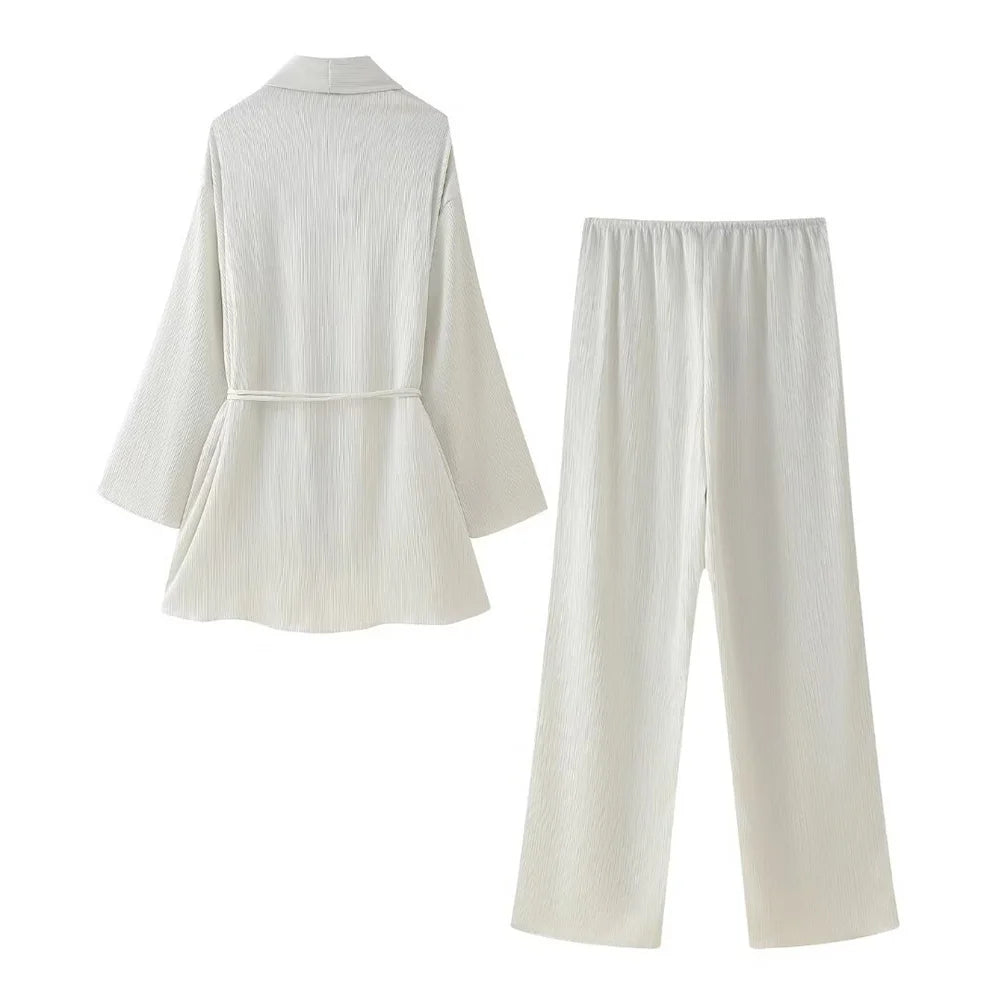 Women's Casual Temperament Tie Pleated Kimono Trousers Set