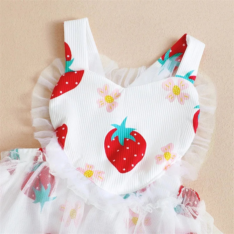 2pcs Valentines Days Baby Girls Romper Dress 0-18M Ruffles Sleeveless Strawberry Print Lace Tulle Jumpsuits Hairband