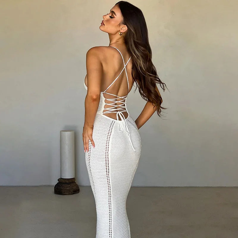 Knitted Hollow Out Bandage Maxi Dress - Women Sleeveless Bodycon Dress