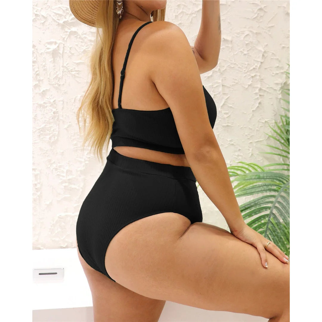 Ribbed Bikini Set - High Waist Two Piece Swimsuit