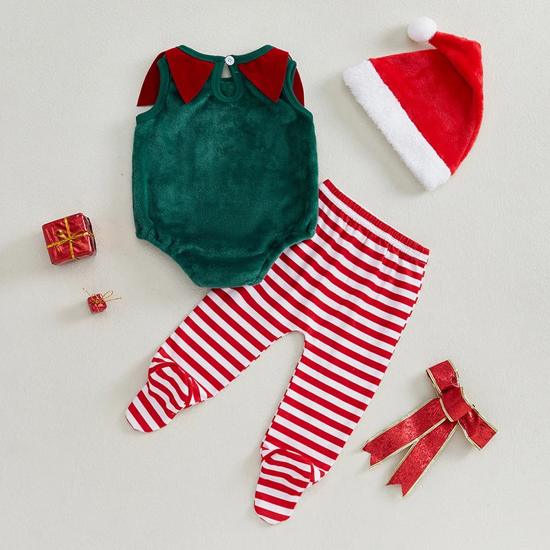 0-18M 3pcs Infant Baby Boys Christmas Clothes Sets Sleeveless O Neck Romper Striped Pants Hat Sets