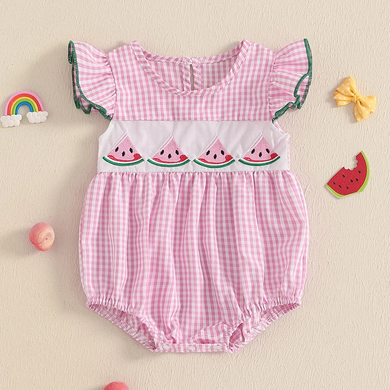 Baby Fruit Embroidery Romper - Ruffles Fly Sleeves Plaid Print Jumpsuit (0-18M)