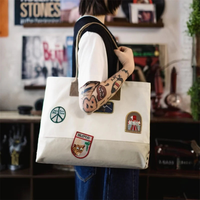 Unisex Style Vintage Embroidered Large-capacity Patchwork Handbag Versatile Single-shoulder Versatile Tote Bag