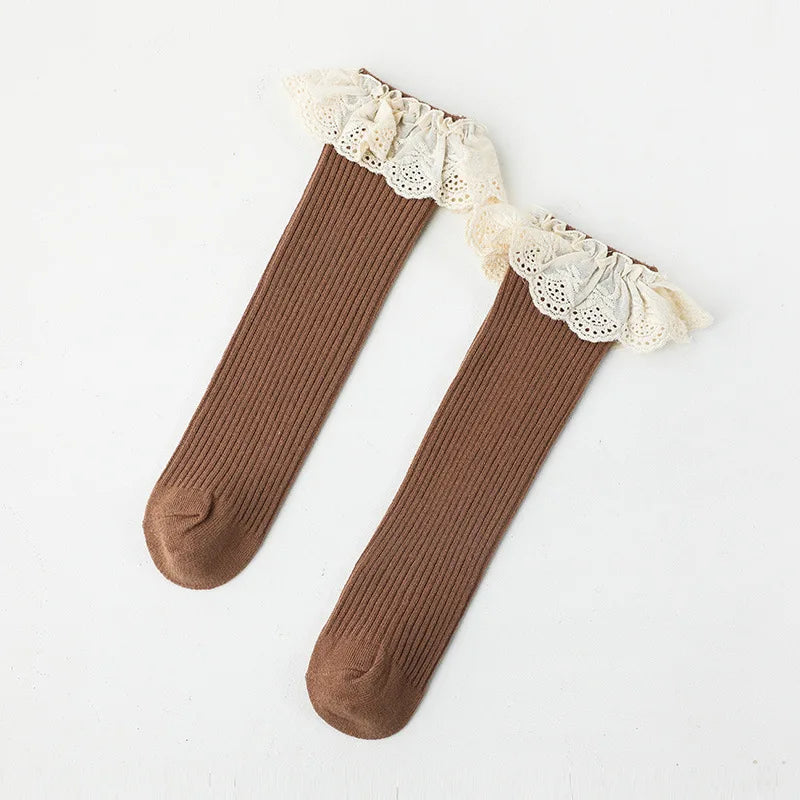Baby Girls Lace  Stocking Ribbed Knit Non-slip Medium Tube Stockings