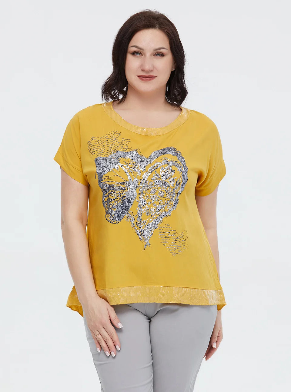 Women's Oversized Short Sleeve Sequin Print Cotton Top